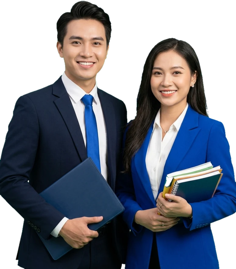 Một nam một nữ mặc vest công sở, nam cầm tập hồ sơ, nữ cầm sách
