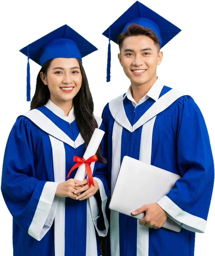 Một nam một nữ mặc áo cử nhân xanh dương, đội mũ cử nhân, nữ cầm cuộn bằng thắt nơ đỏ, nam cầm laptop