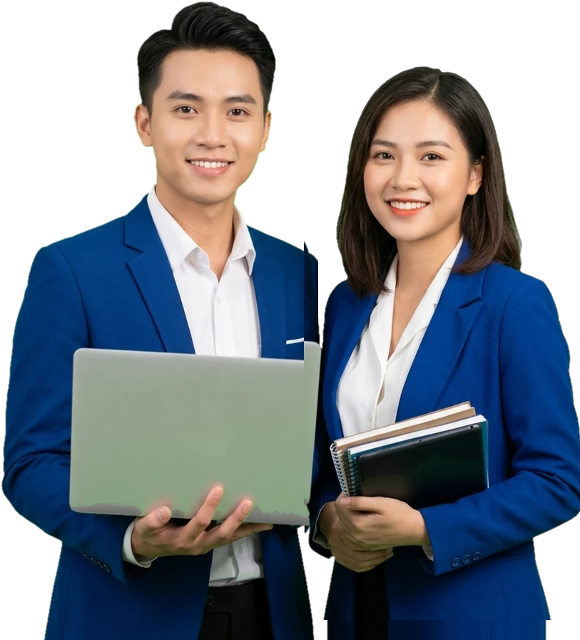 Một nam một nữ học viên mặc áo vest xanh dương, nam cầm laptop, nữ cầm sách