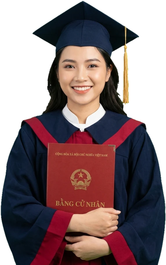 Nữ cử nhân mặc áo cử nhân, đội mũ tua vàng, ôm bằng cử nhân