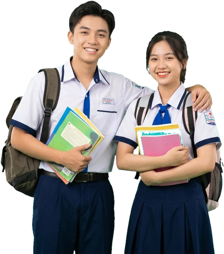 Một nam một nữ học viên mặc đồng phục, đeo balo, cầm sách